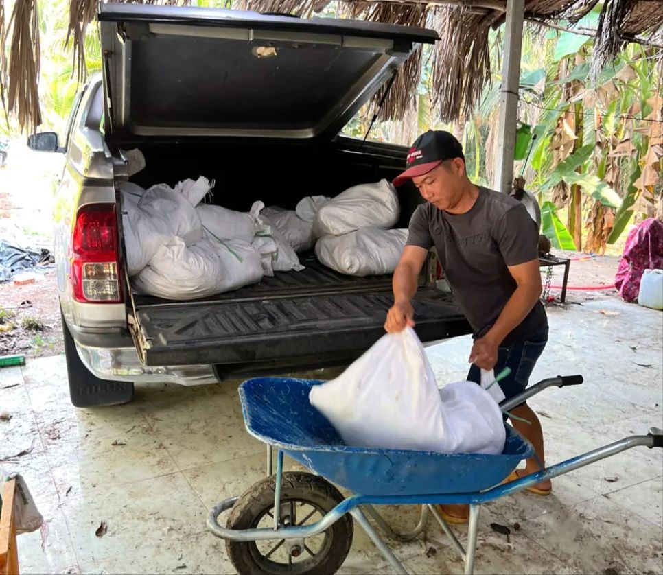 Xe chở nhiều bao tải màu trắng, bên trong chứa gà chết Xe chở nhiều bao tải màu trắng, bên trong chứa gà chết