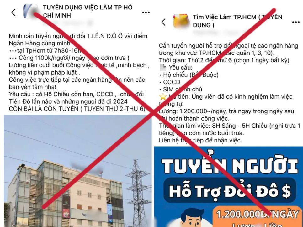 Hàng loạt các bài đăng tuyển dụng người đứng tên đổi tiền Việt sang USD, mỗi ngày nhận công hơn 1 triệu đồng. Ảnh: B.A