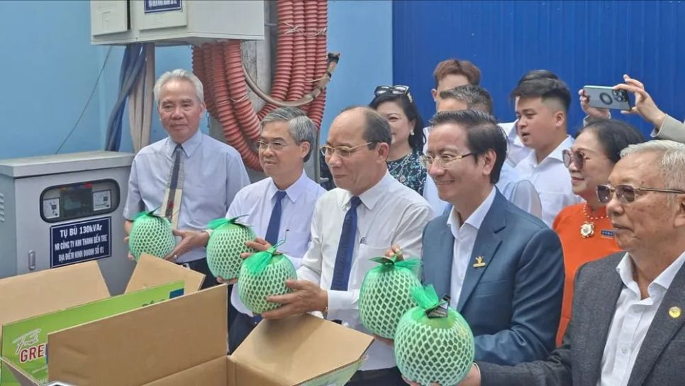 Sự kiện công bố xuất khẩu lô bưởi da xanh đầu tiên của Vĩnh Long đi Úc có sự tham gia của cơ quan quản lý nhà nước, đối tác quốc tế và doanh nghiệp xuất khẩu