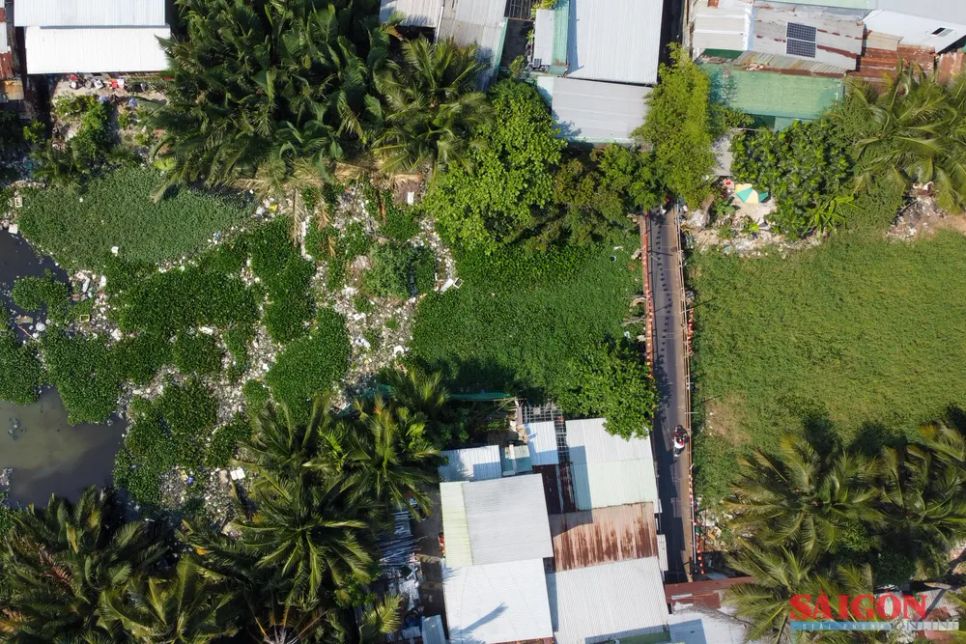 Một phần lòng sông đầy lục bình, cỏ dại, tích tụ lượng rác thải lớn. Ảnh: HIẾU GIANG