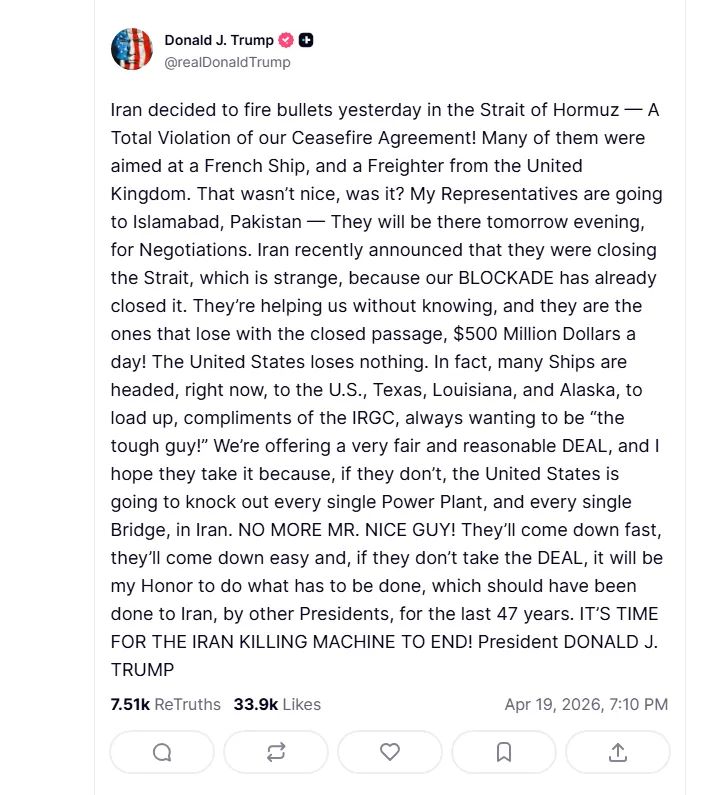 Tổng thống Mỹ Donald Trump xác nhận nối lại đàm phán với Iran tại Pakistan trên mạng xã hội Truth Social. Ảnh: TRUTH SOCIAL