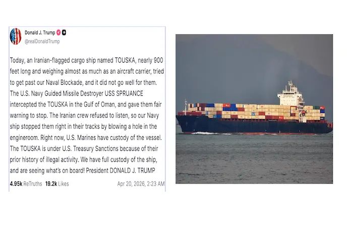 Tàu Touska của Iran và bài viết liên quan của Tổng thống Mỹ Donald Trump trên mạng xã hội Truth Social. Ảnh: MarineTraffic/chụp màn hình