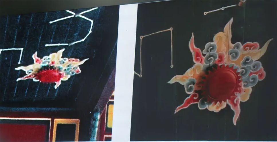 Trần nhà hát Minh Khiêm Đường trước và trong quá trình trùng tu hiện tại