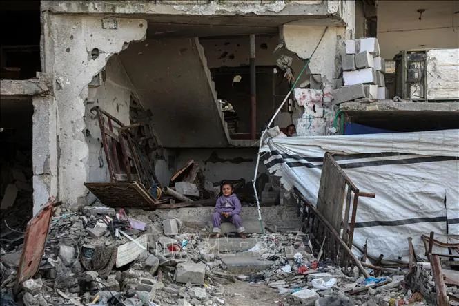 Tòa nhà bị phá hủy do xung đột tại Dải Gaza. Ảnh: THX/TTXVN