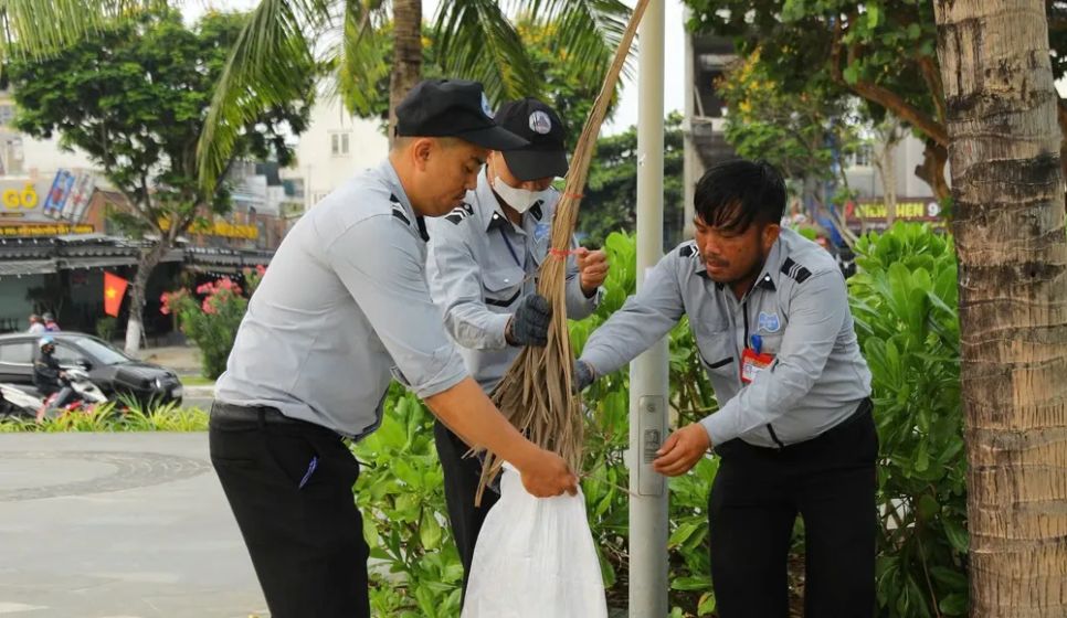Nhiều lực lượng tham gia làm sạch khu vực bãi biển. Ảnh: XUÂN QUỲNH