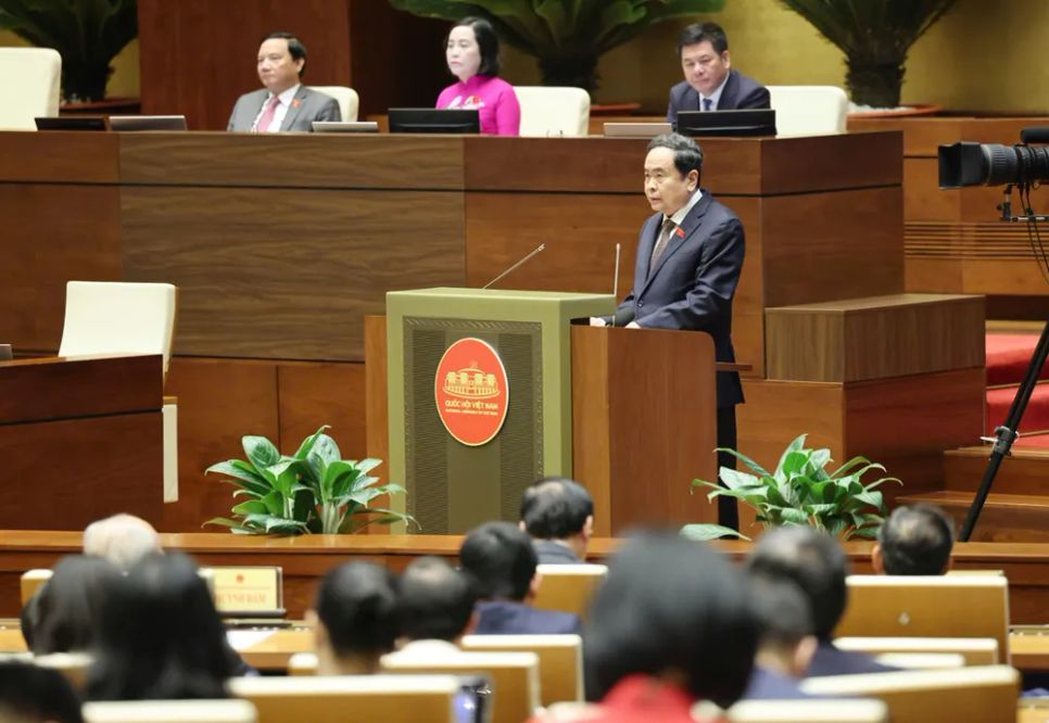 Chủ tịch Quốc hội Trần Thanh Mẫn phát biểu bế mạc kỳ họp, ngày 24-4. Ảnh: QUANG PHÚC