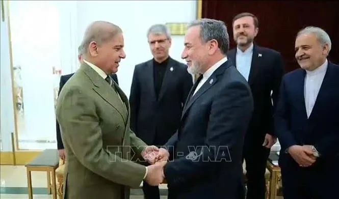 Ngoại trưởng Iran Seyed Abbas Araghchi (phải, phía trước) trong cuộc gặp Thủ tướng Pakistan Muhammad Shehbaz Sharif tại Islamabad, ngày 25-4. Ảnh: THX/TTXVN