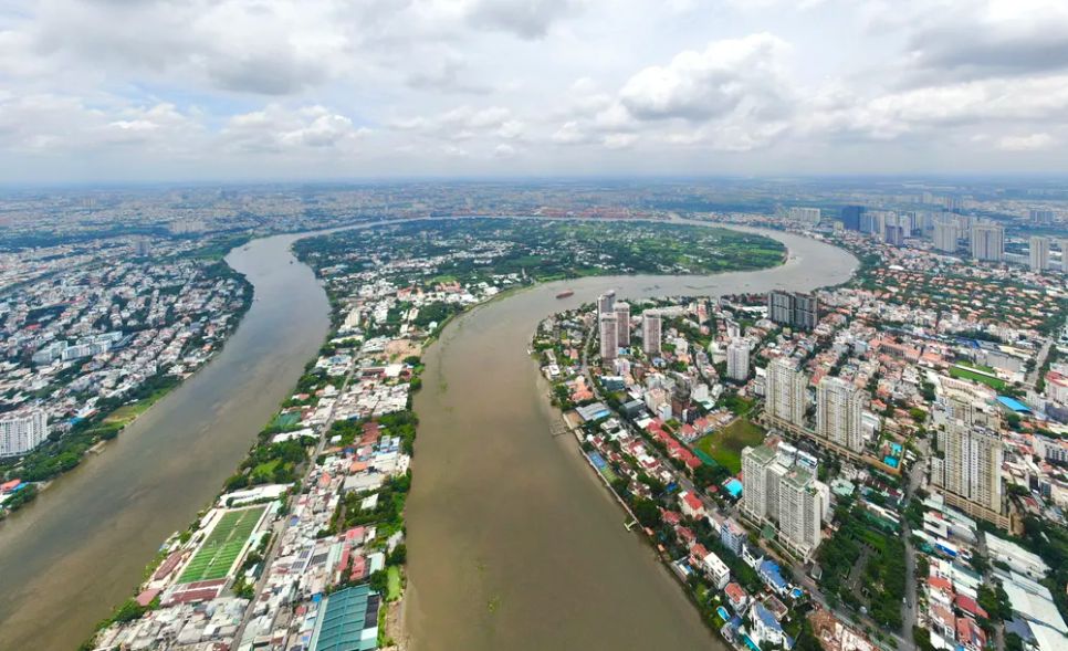 Bán đảo Bình Quới - Thanh Đa nhìn từ trên cao, khu vực đang được TPHCM triển khai dự án khu đô thị mới sau nhiều năm quy hoạch treo. Ảnh: HOÀNG HÙNG