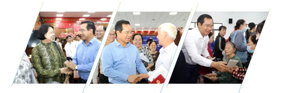 Chủ tịch UBND TPHCM Nguyễn Văn Được trao đổi cùng cử tri xã Hóc Môn, xã Bà Điểm và trao quà an sinh đến người dân xã Hóc Môn. Ảnh: HOÀNG HÙNG