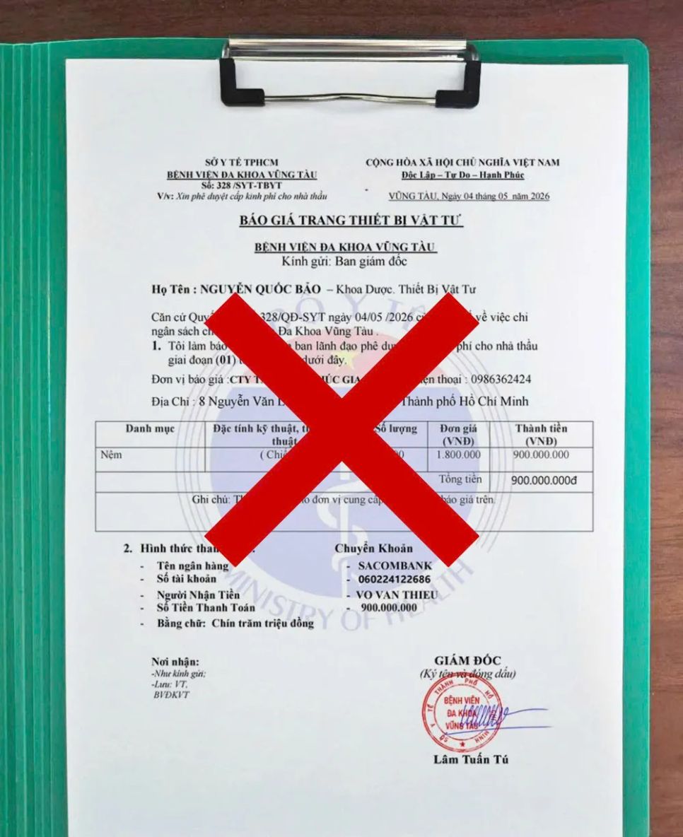 Một văn bản giả mạo Bệnh viện Đa khoa Vũng Tàu.