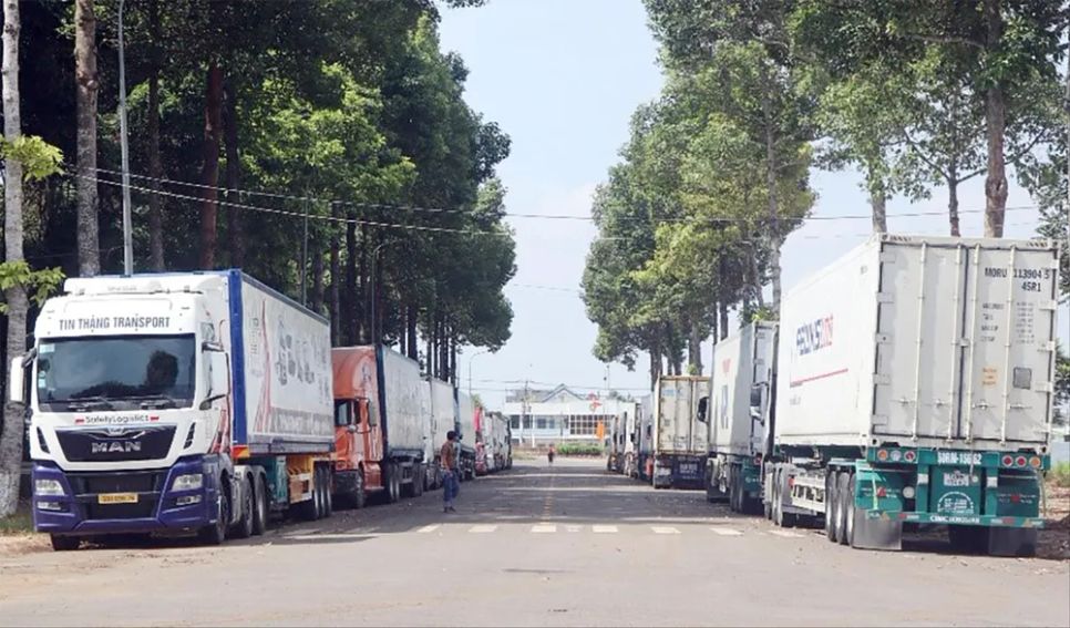 Xe container chở sầu riêng xếp hàng chờ lấy mẫu kiểm định phục vụ xuất khẩu, gây ùn ứ khu vực bến xe Dầu Giây, TP Đồng Nai