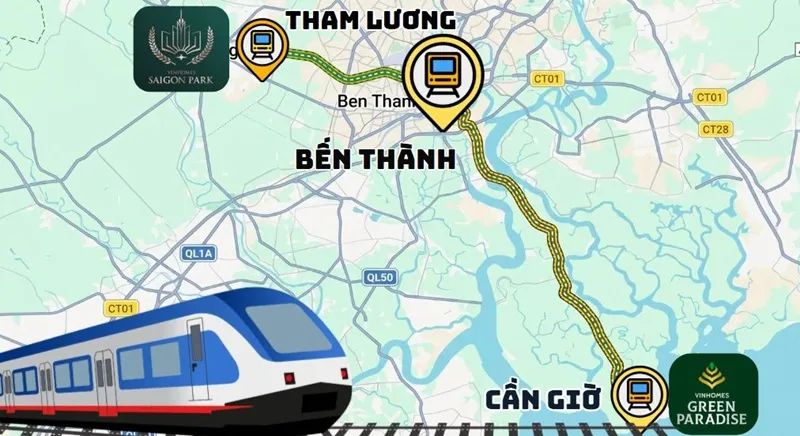 Từ ga Bến Thành, 2 tuyến metro hướng về ga Tham Lương và ga Cần Giờ, kích hoạt 2 cực tăng trưởng Tây Bắc và Đông Nam của TPHCM