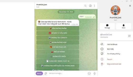 Ví dụ về giao diện của AI Assistant kết nối với Telegram