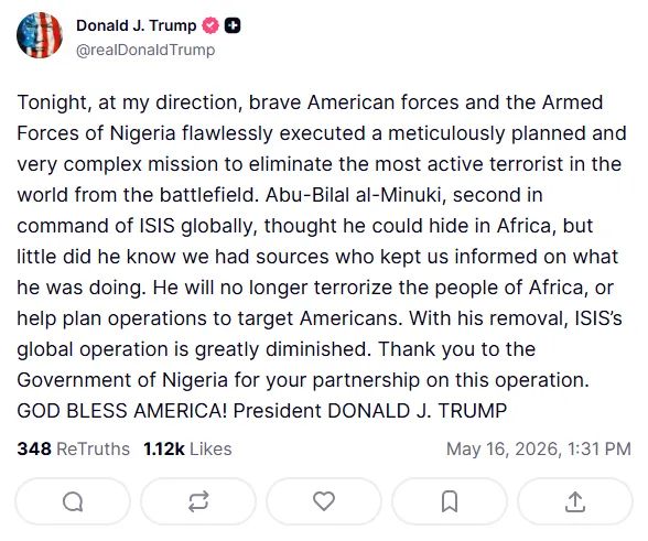 Tổng thống Mỹ Donald Trump tuyên bố trên mạng xã hội Truth Social