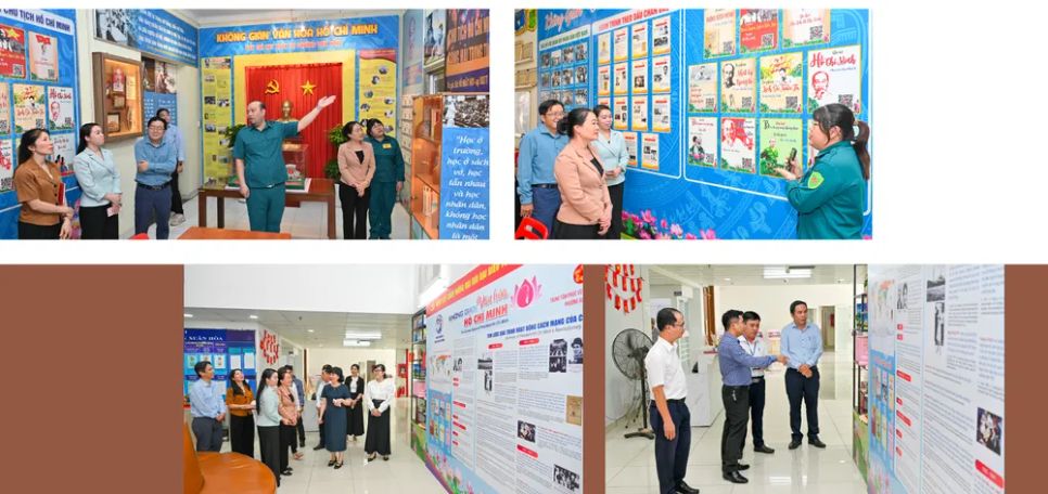 Cán bộ, đảng viên tham quan Không gian văn hóa Hồ Chí Minh tại Ban Chỉ huy Quân sự phường Diên Hồng (ảnh trên) và Không gian văn hóa Hồ Chí Minh tại Trung tâm phục vụ Hành chính công phường Xuân Hòa