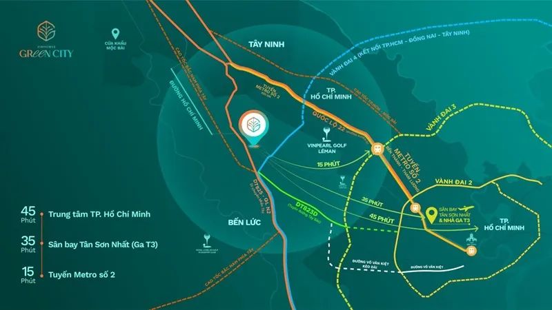 Bản đồ kết nối Vinhomes Green City với trung tâm TPHCM, liên vùng và quốc tế