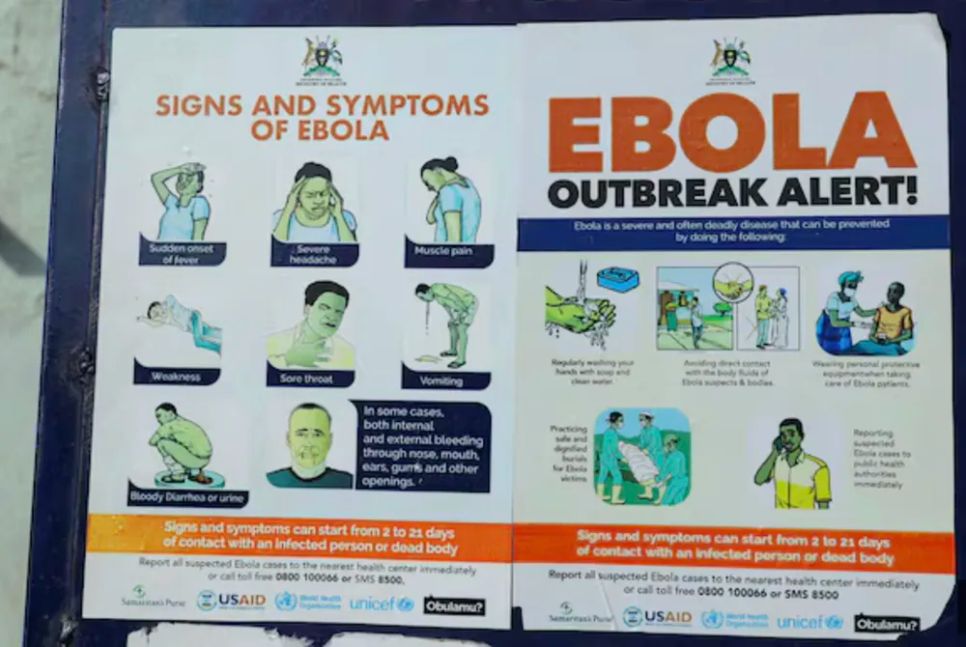 Áp phích tuyên truyền phòng, chống lây lan virus Ebola tại Trung tâm Y tế Platinum ở Kampala, Uganda. Ảnh: Yonhap News