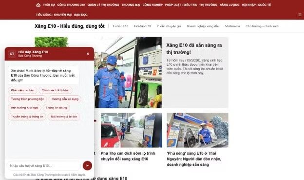 Người dân có thể tra cứu các thông tin liên quan đến xăng sinh học E10 thông qua chatbot hỏi đáp được tích hợp trên Cổng thông tin điện tử Bộ Công Thương và Báo Công Thương