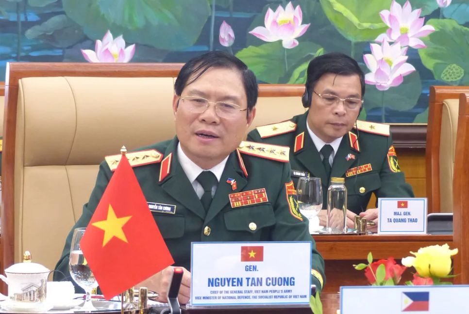 Đại tướng Nguyễn Tân Cương phát biểu tại hội đàm. Ảnh: TRẦN BÌNH Đại tướng Nguyễn Tân Cương phát biểu tại hội đàm. Ảnh: TRẦN BÌNH
